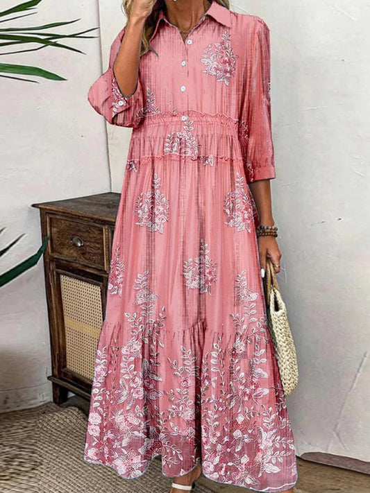 Robe longue femme – Coupe évasée – Tissu respirant – Manches 3/4 – Motif fleuri