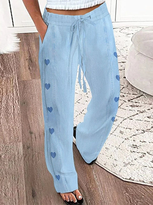 Pantalon large femme – Coupe décontractée – Taille à cordon – Détails cœurs – Tissu respirant