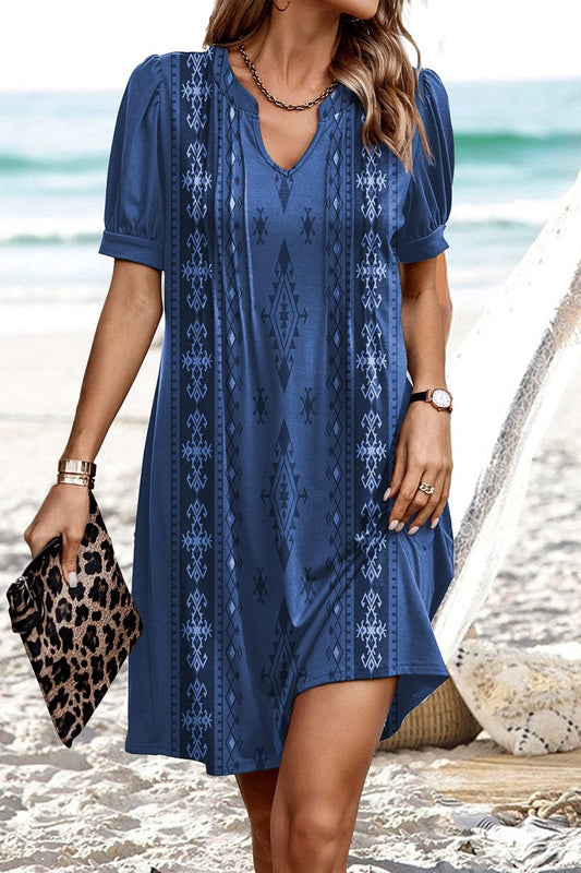 Robe Mini Femme – Coupe Décontractée – Col V – Manches Courtes Bouffantes – Motif Géométrique – Tissu Respirant