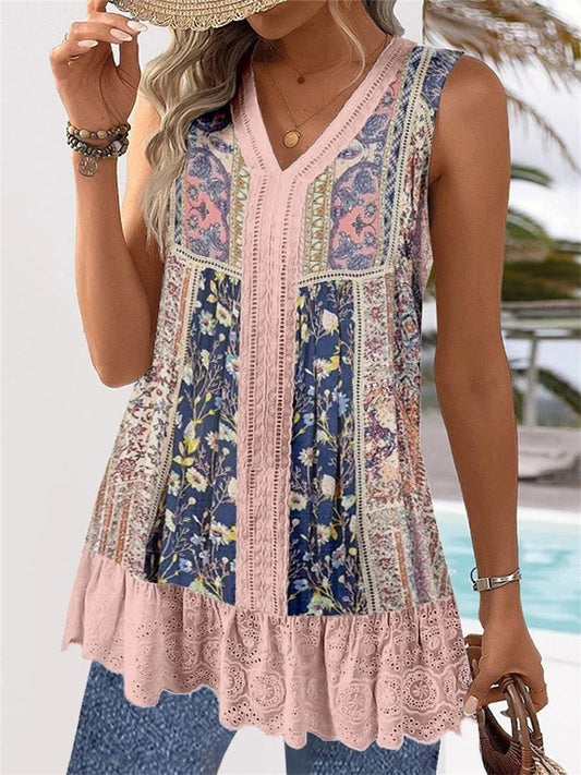 Top sans manches femme – Coupe ample – Tissu respirant – Broderie bohème – Col V