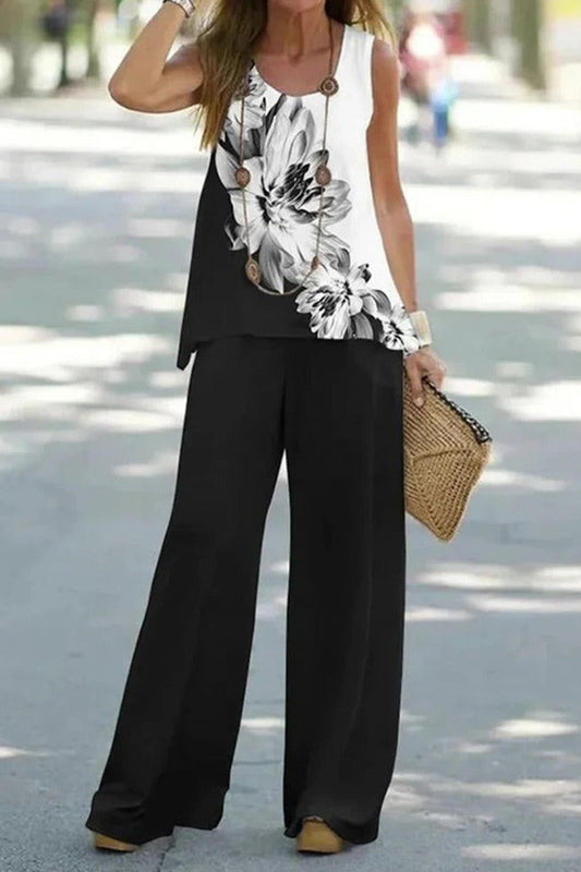 Ensemble deux pièces pour femmes – Coupe décontractée – Encolure ronde – Motif floral – Boutons côté