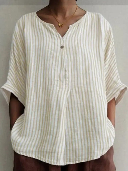 Blouse femme – Coupe ample – Fibres naturelles respirantes – Col V – Manches mi-longues – Motif rayé