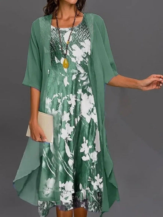 Robe Midi Deux Pièces Femme – Coupe Évasée – Imprimé Fleur – Tissu Respirant – Superposée