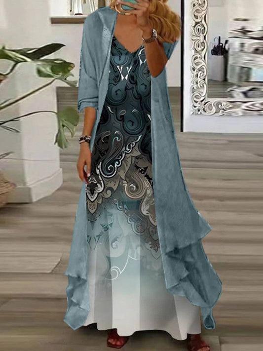 Ensemble robe longue pour femme - Ensemble décontracté - Col en V - Imprimé élégant - Tissu aéré