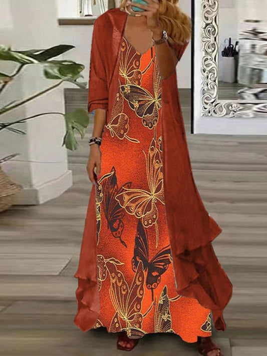 Ensemble de robes longues pour femmes – Coupe ample – Imprimé papillon – Superposition fluide