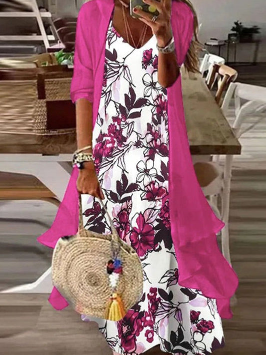 Robe longue femme – Ensemble 2 pièces – Coupe fluide – Imprimé fleuri – Voile léger