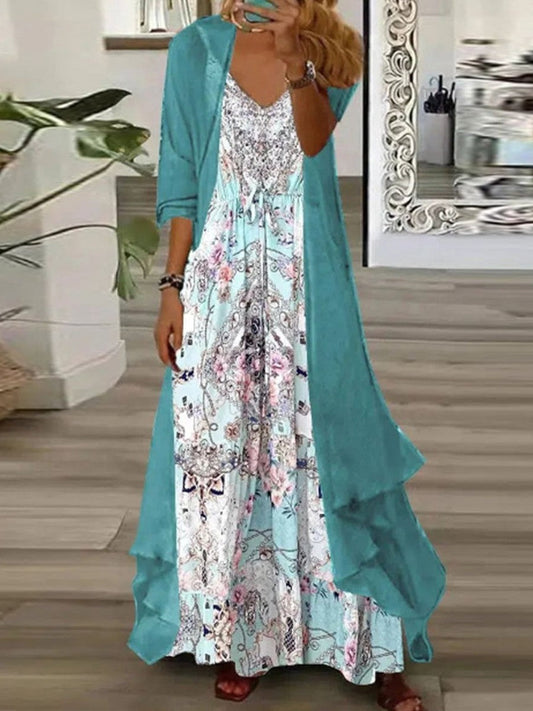 Robe longue deux pièces femme – Coupe fluide – Motif floral – Tissu respirant – Col V