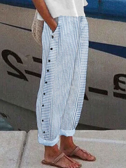 Pantalon large femme – Coupe ample – Rayures – Boutons latéraux