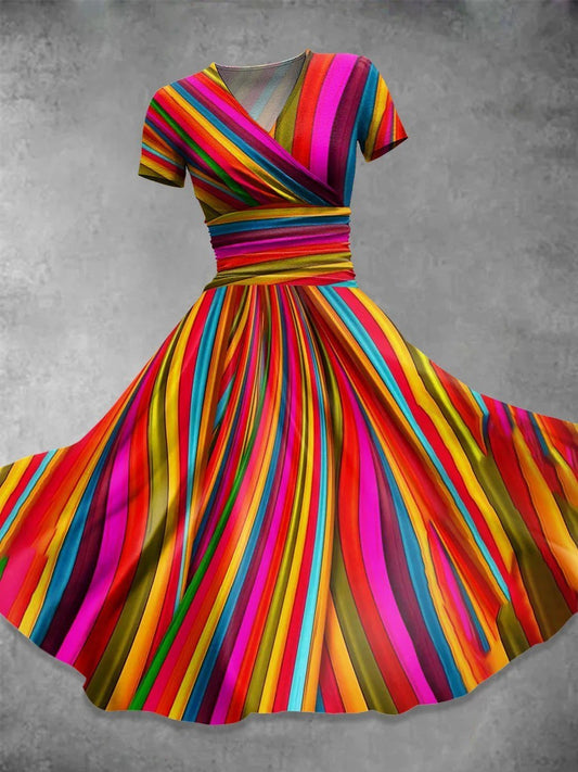 Robe femme – Coupe midi flatteuse – Décolleté en V – Manches courtes – Tissu respirant rayé