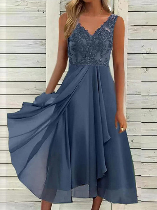 Robe midi sans manches femme – Coupe évasée – Décolleté en V – Dentelle élégante
