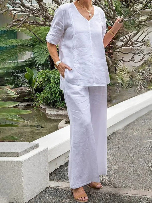 Ensemble Femme – Maille Douce – Coupe Décontractée – Haut Col V – Pantalon Large