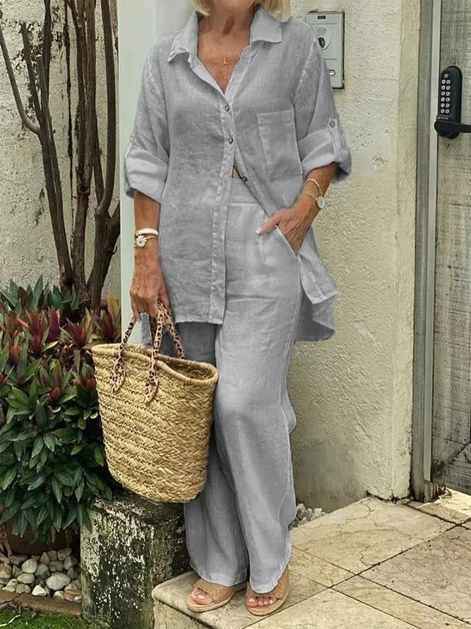 Ensemble Femme – Fibres Naturelles – Coupe Décontractée – Haut Manches Longues – Pantalon Long
