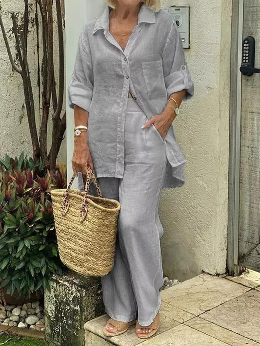 Ensemble Femme – Fibres Naturelles – Coupe Décontractée – Haut Manches Longues – Pantalon Long