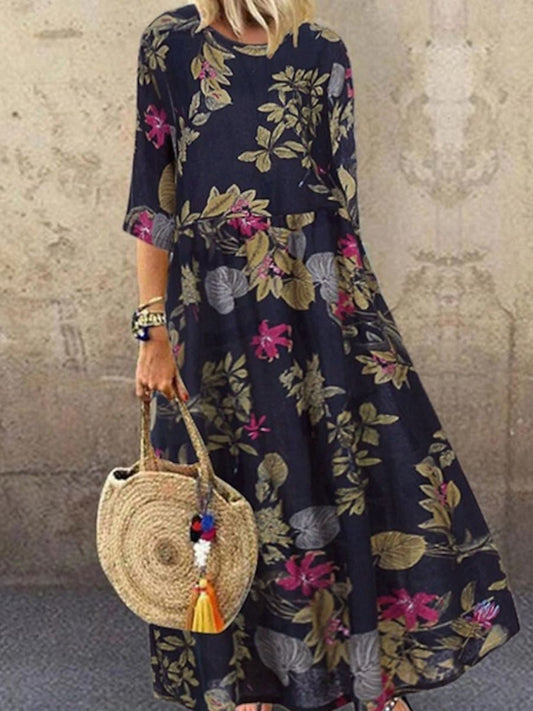 Robe longue femme – Coupe fluide – Tissu respirant – Imprimé floral – Manches mi-longues