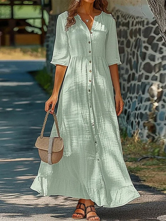 Robe longue femme – Fibres naturelles – Coupe fluide – Manches mi-longues – Boutons devant