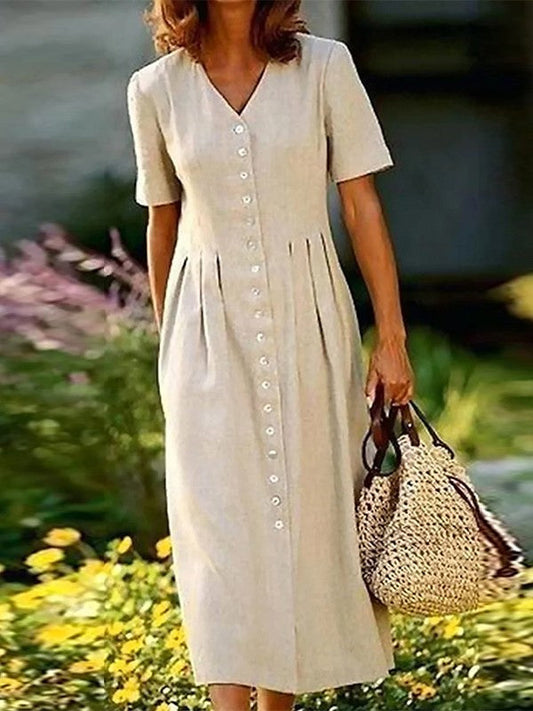 Robe femme midi – Fibres naturelles – Coupe fluide – Manches courtes – Boutonnée devant