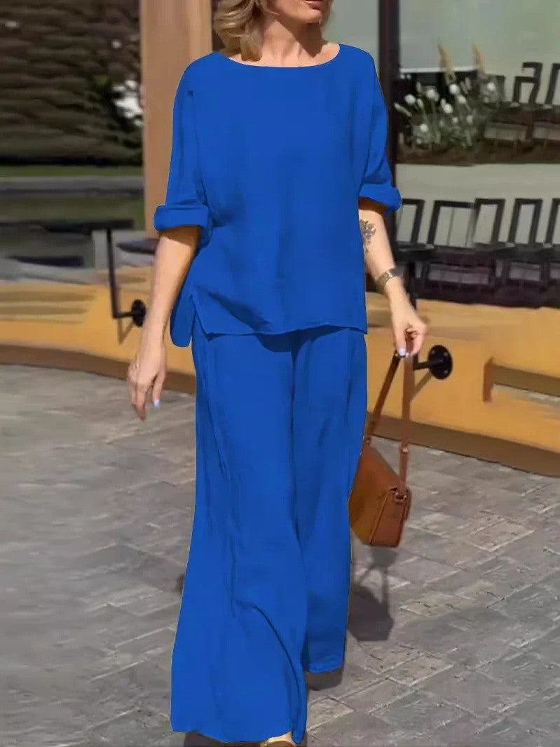 Ensemble Deux Pièces Femme – Tissu Léger – Coupe Ample – Haut Manches Mi-Longues – Pantalon Taille Haute Jambe Large