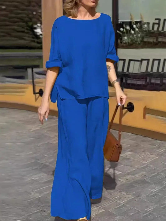 Ensemble Deux Pièces Femme – Tissu Léger – Coupe Ample – Haut Manches Mi-Longues – Pantalon Taille Haute Jambe Large