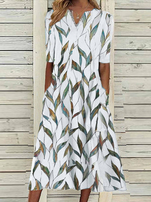 Robe midi femme – Coupe fluide – Imprimé feuillage – Tissu respirant – Manches mi-longues – Poches latérales