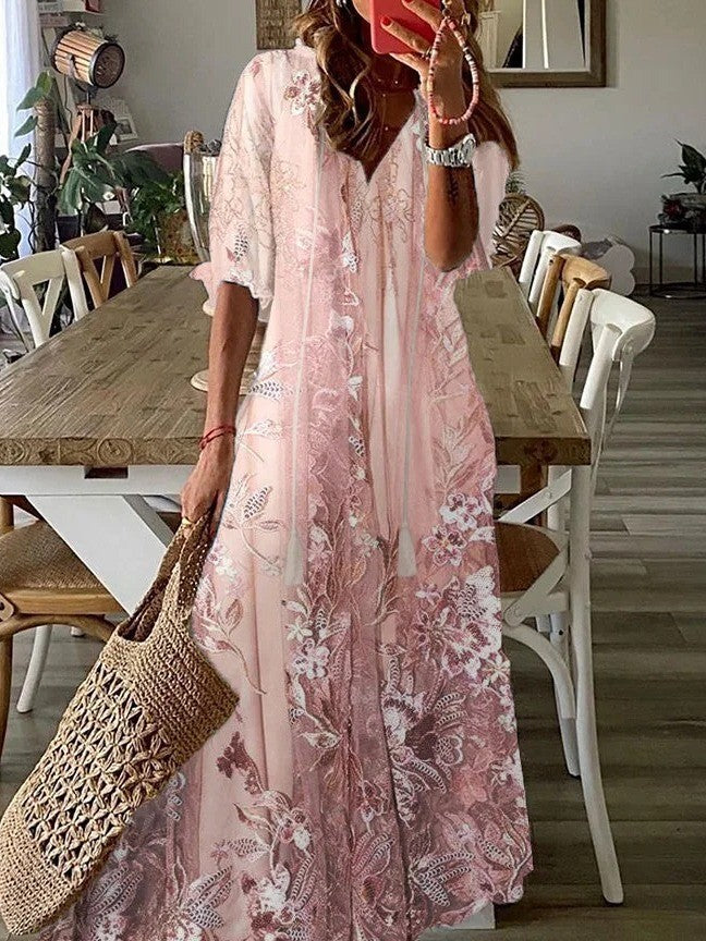 Robe longue femme – Tissu respirant – Coupe ample – Manches mi-longues – Col V dentelle