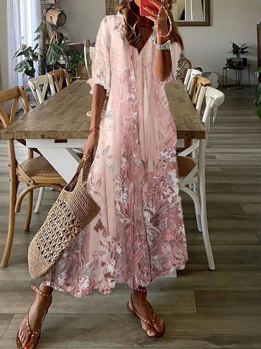 Robe longue femme – Tissu respirant – Coupe ample – Manches mi-longues – Col V dentelle