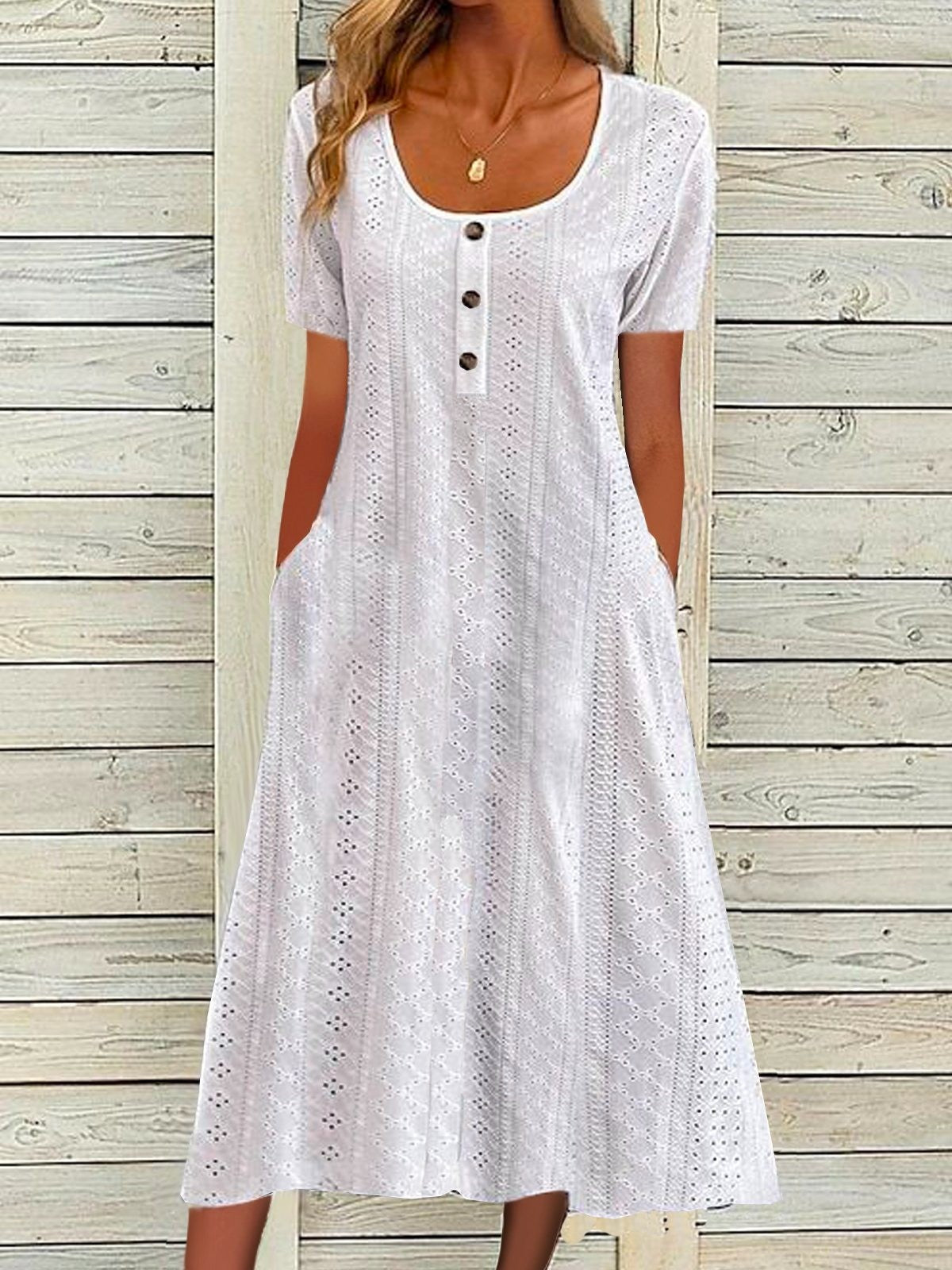 Robe longue femme – Coupe fluide – Manches courtes – Tissu respirant – Dentelle brodée