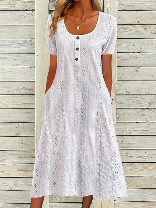 Robe longue femme – Coupe fluide – Manches courtes – Tissu respirant – Dentelle brodée