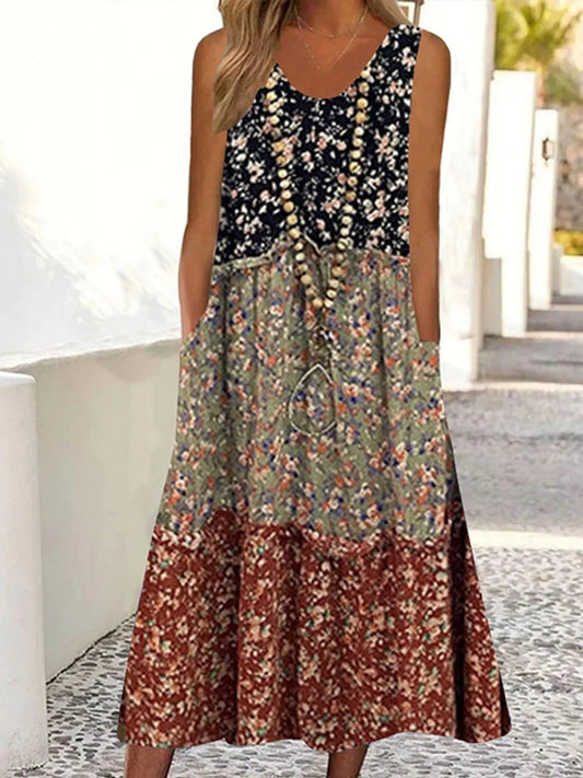 Robe femme sans manches – Coupe ample – Col en V – Motif fleuri à volants – Mi-longue
