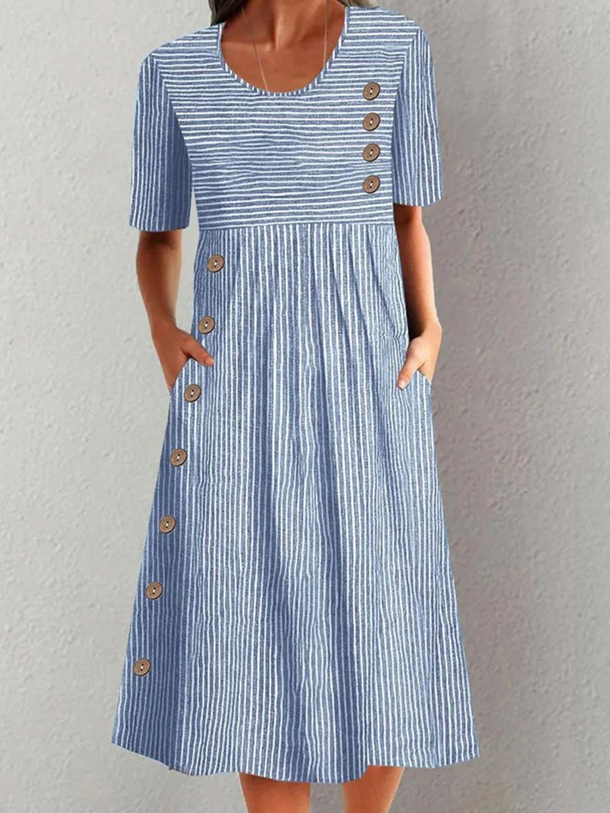 Robe midi femme – Coupe ample – Rayures – Col rond – Manches courtes – Tissu respirant