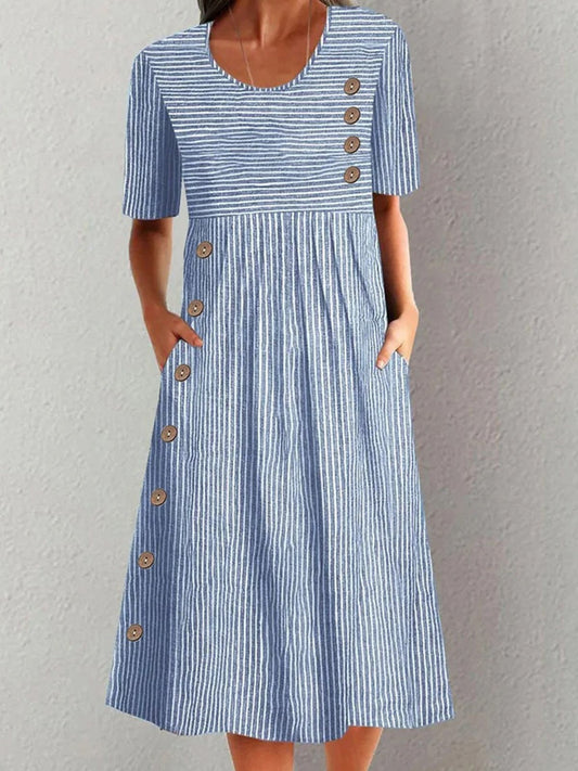 Robe midi femme – Coupe ample – Rayures – Col rond – Manches courtes – Tissu respirant