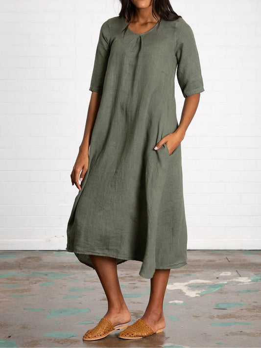 Robe midi femme – Fibres naturelles – Coupe décontractée – Manches mi-longues – Poches