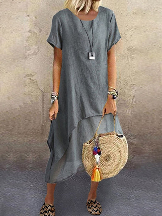 Robe femme midi – Coupe décontractée – Tissu respirant – Manches courtes – Ourlet asymétrique