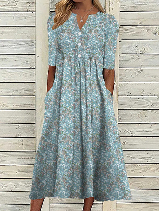 Robe Midi Femme – Coupe Ample – Col V – Manches Mi-longues – Imprimé Floral – Tissu Respirant – Boutonnée – Poches Latérales