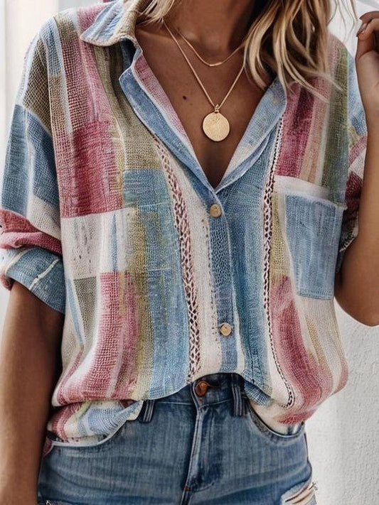 Blouse femme – Coupe décontractée – Manches courtes retroussées – Tissu respirant – Design patchwork