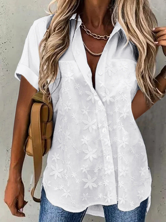 Blouse femme – Coupe ample – Manches courtes – Dentelle florale – Col chemise