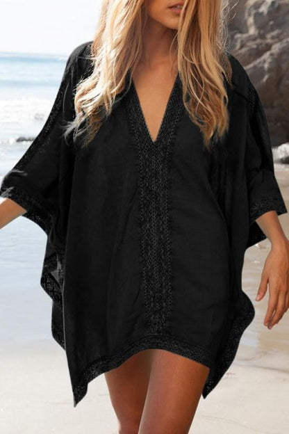 Tunique de plage femme – Coupe ample – Col V – Détails ajourés