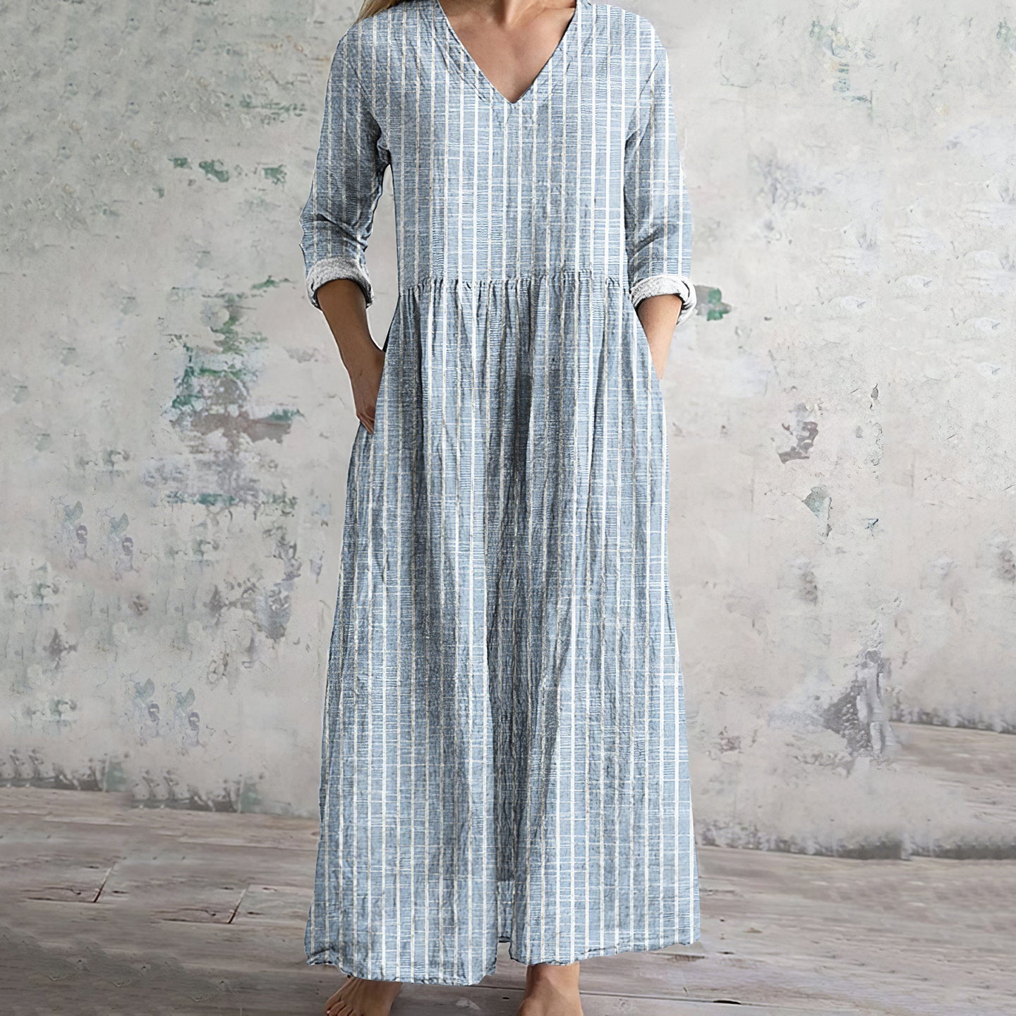 Robe longue femme – Fibres naturelles – Coupe décontractée – Manches longues – Rayures