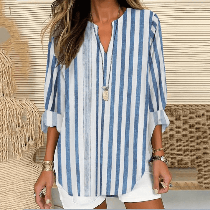 Blouse Femme – Coupe Ample – Fibres Naturelles – Manches 3/4 – Col V Élégant
