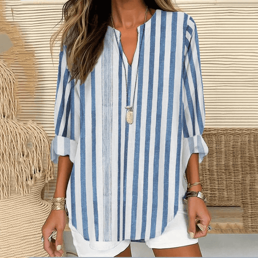 Blouse Femme – Coupe Ample – Fibres Naturelles – Manches 3/4 – Col V Élégant