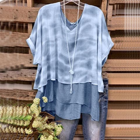 Blouse femme – Coupe ample – Tissu respirant – Design superposé – Manches courtes