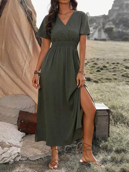 Robe midi femme – Coupe évasée – Décolleté cache-cœur – Manches courtes – Tissu fluide respirant