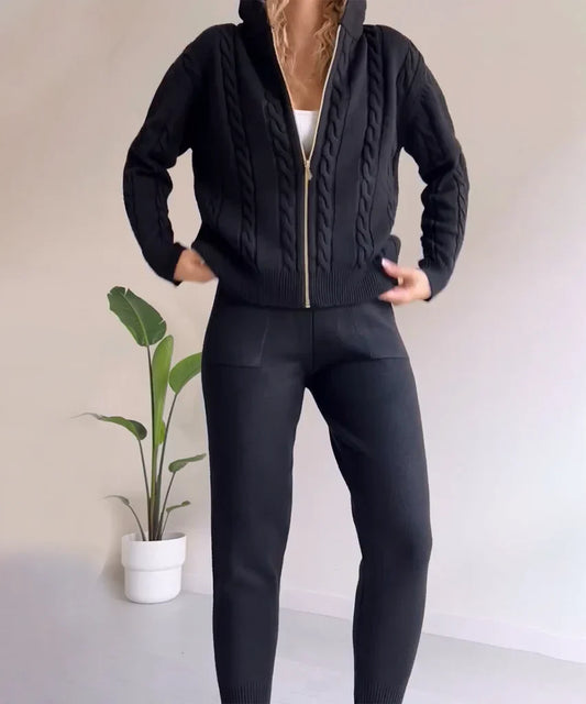 Ensemble tricoté pour femme – Tricot doux – Coupe oversize – Cardigan zippé à capuche et pull jacquard