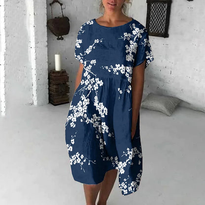 Robe midi femme – Coupe fluide – Coton – Manches courtes – Imprimé fleuri