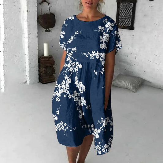 Robe midi femme – Coupe fluide – Coton – Manches courtes – Imprimé fleuri