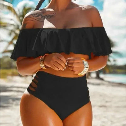 Ensemble bikini pour femme – Bikini taille haute – Volants épaules nues – Découpes côtés
