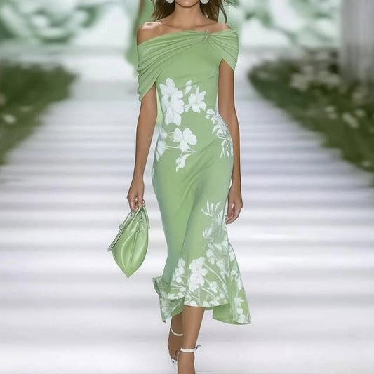 Robe midi femme – Épaules dénudées – Taille cintrée – Imprimé fleuri – Tissu respirant