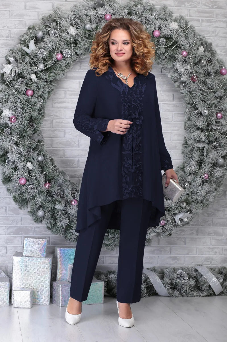 Ensemble trois pièces pour femme – Haut brodé – Ourlet asymétrique – Tissu respirant – Coupe décontractée