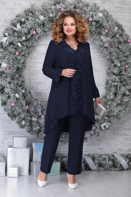 Ensemble trois pièces pour femme – Haut brodé – Ourlet asymétrique – Tissu respirant – Coupe décontractée