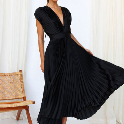 Robe midi femme – Tissu luxueux plissé – Sans manches – Décolleté en V – Dos nu