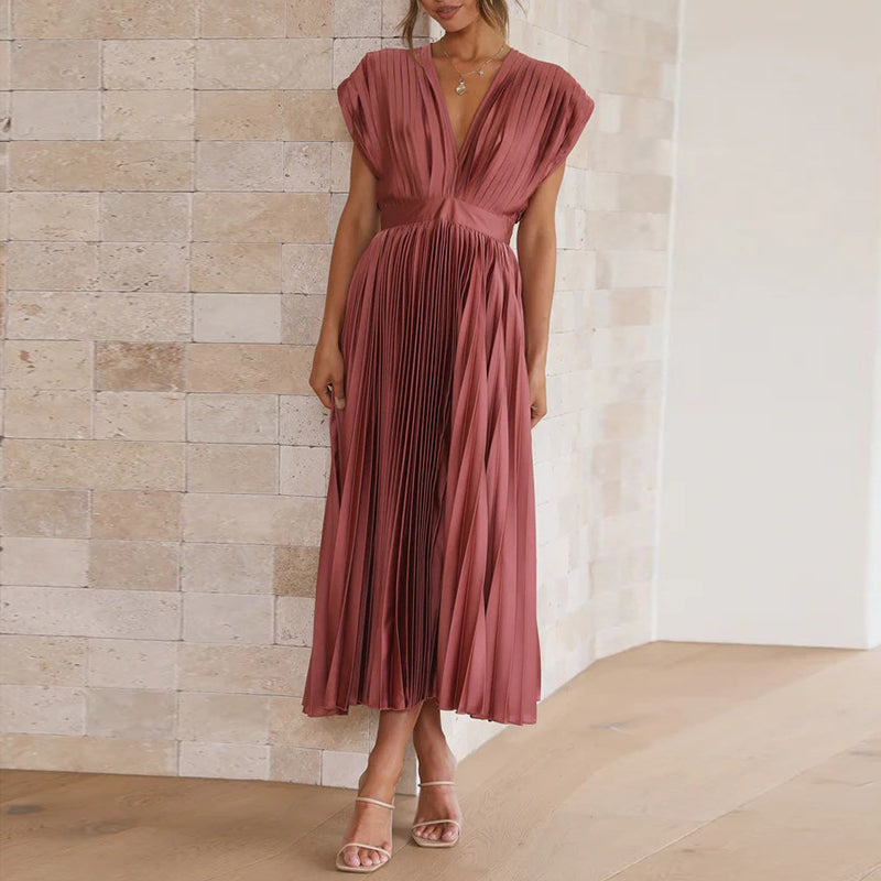 Robe midi femme – Tissu luxueux plissé – Sans manches – Décolleté en V – Dos nu